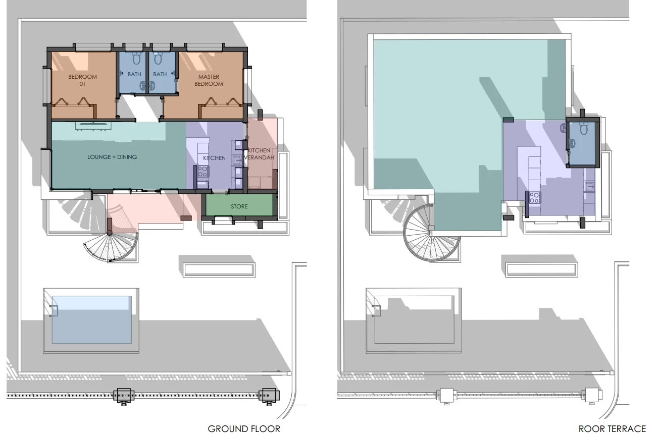 Ground floor and roof terrace plans of Apartment Building Type Two: kitchen, dining, lounge, bedroom with shared bath and master bedroom on the ground floor, kitchen, toilet and roof terrace above