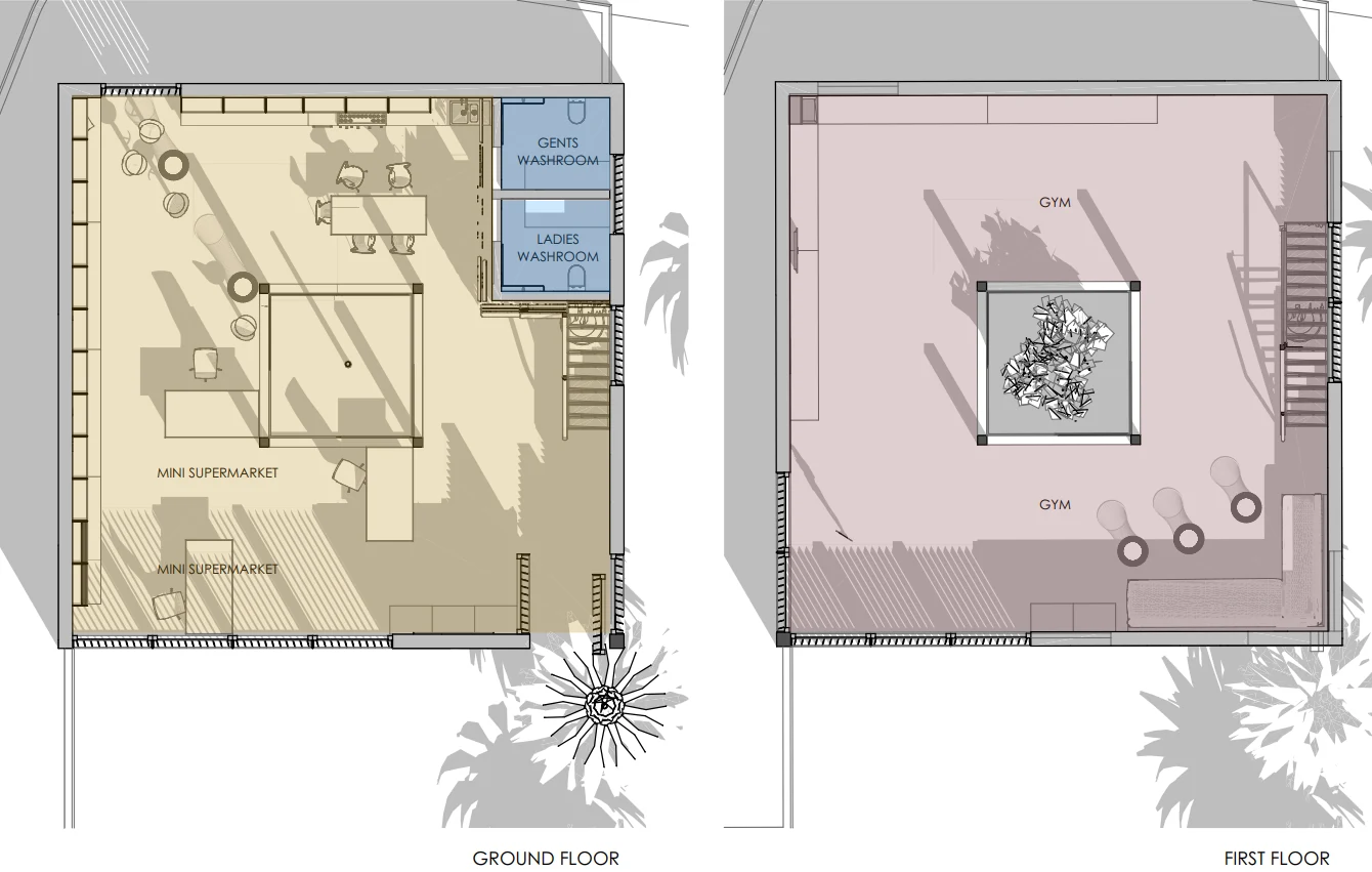 Ground floor and first floor plans of Common Building Type One: mini-supermarket with washrooms and coffee area on the ground floor, residents gym above