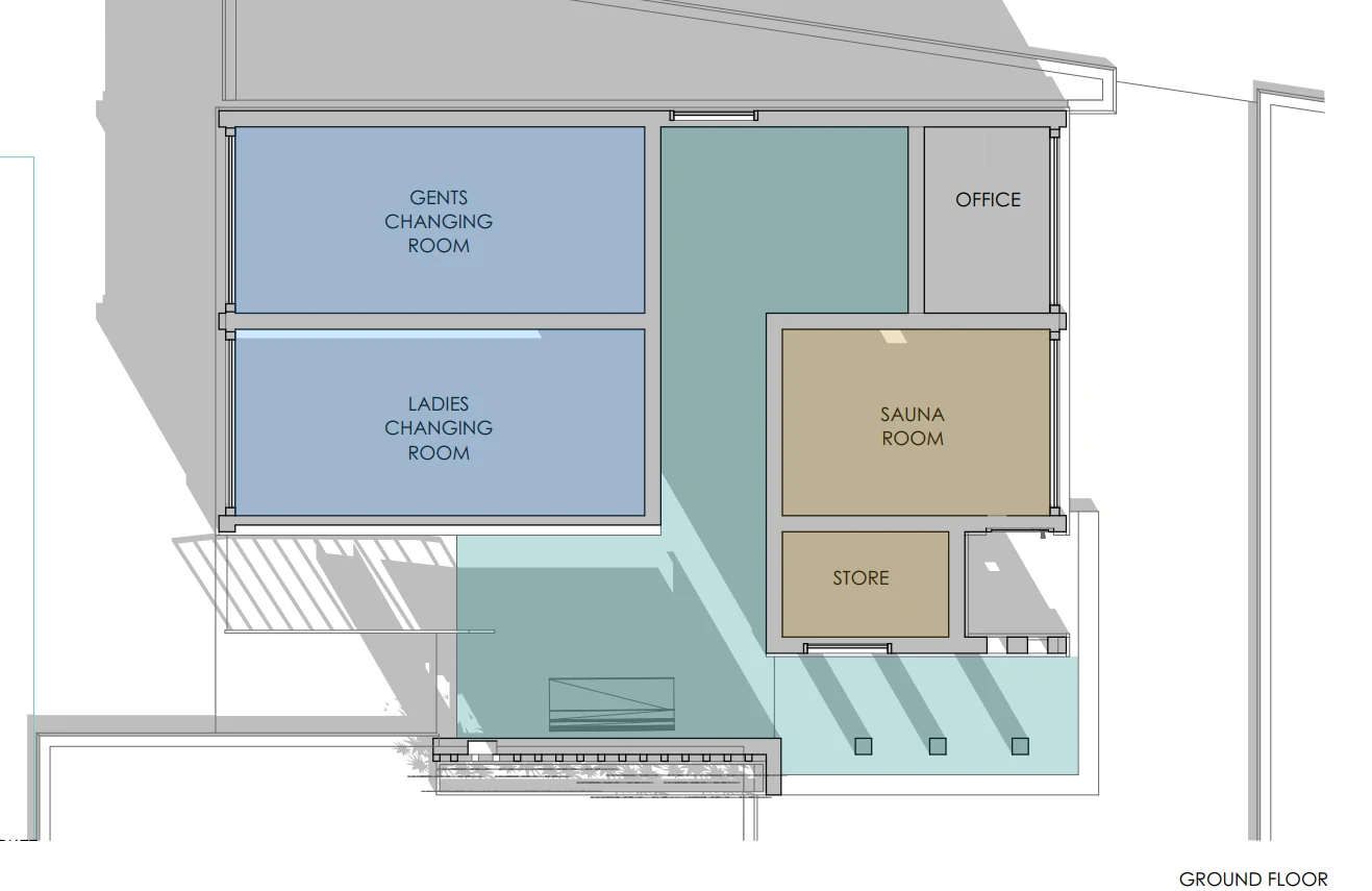 Ground floor plan of Common Building Type Two: swimming pool changing rooms, sauna room, store and management office