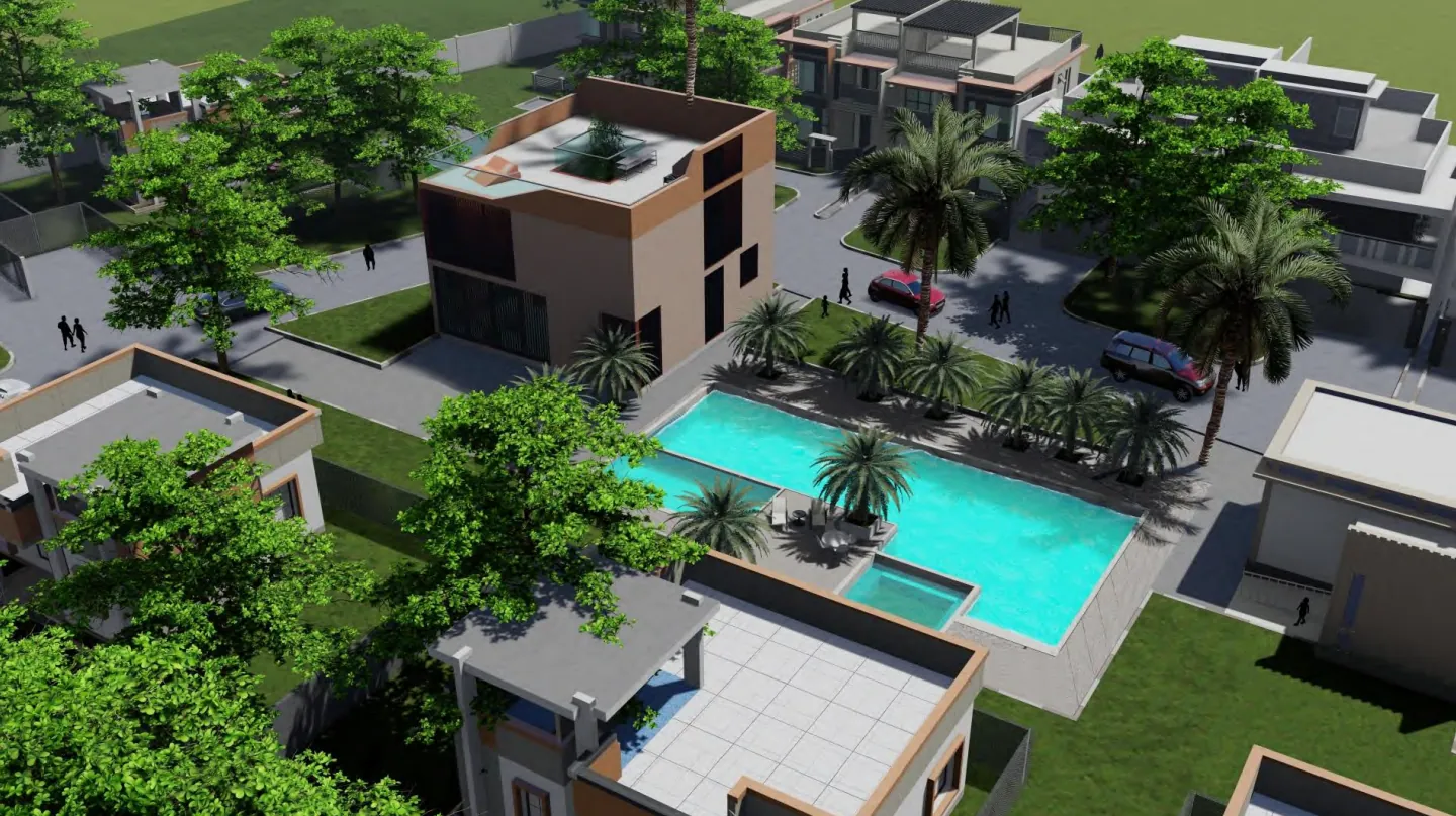 Indicative view of the communal swimming pool and sun lounge deck