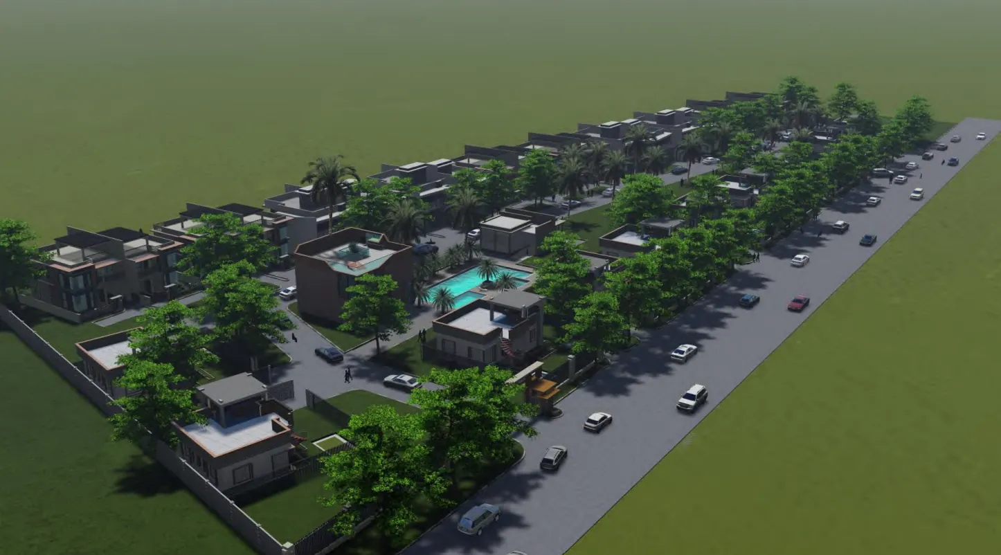 Indicative aerial view across the apartment blocks and landscaped communal areas